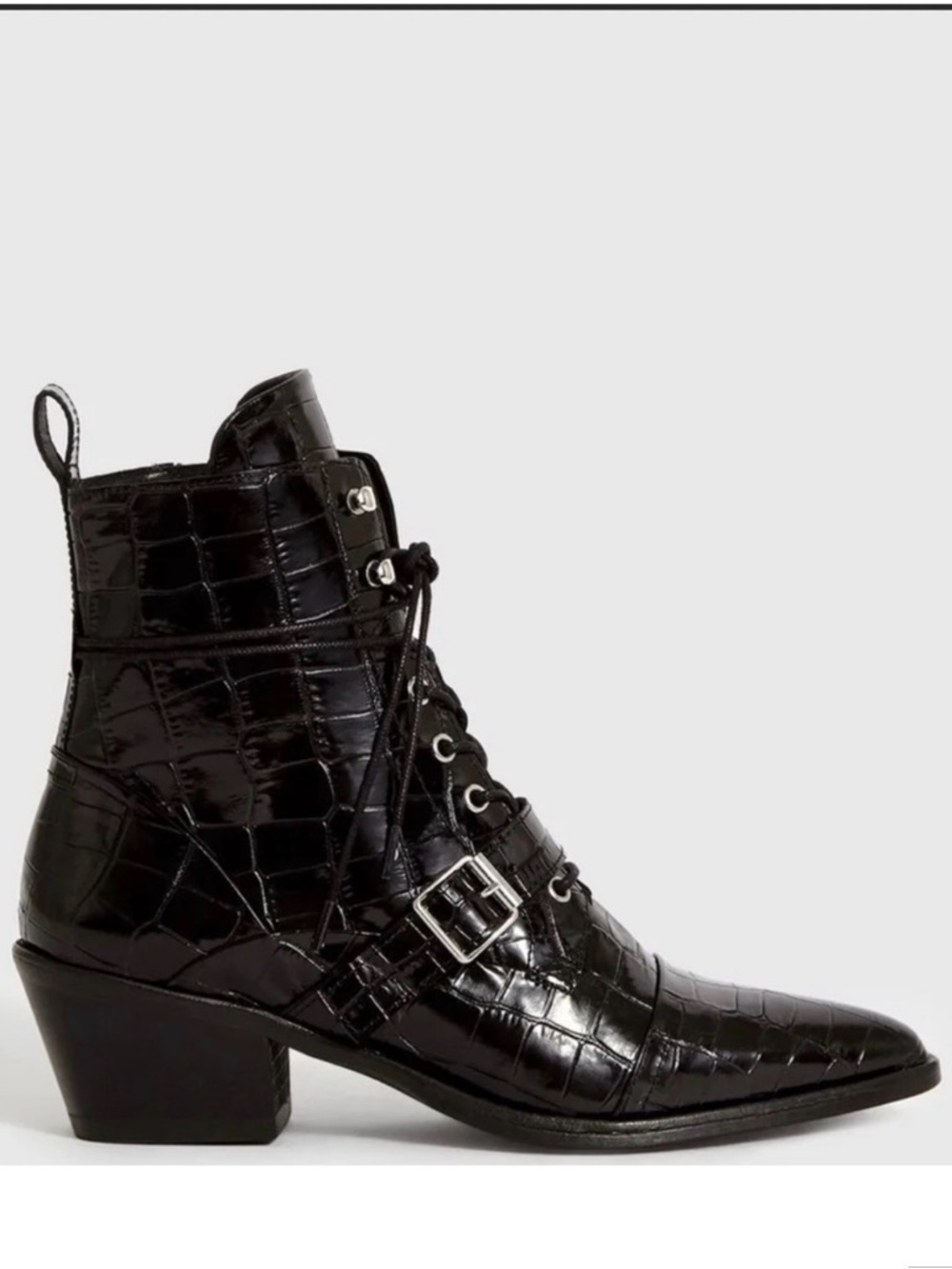 AllSaints Black Croc-Embossed Lace-Up Ankle Boots